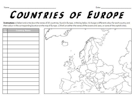 Europe Map Worksheet Activity