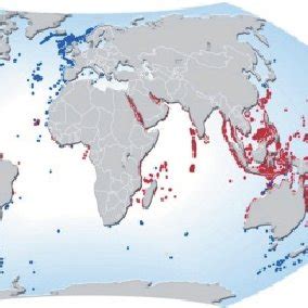 Map of the distribution of coral reefs around the world (courtesy of H ...