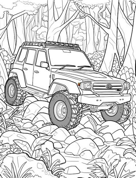 Premium Photo A Coloring Page Of A Jeep Driving Through A Forest