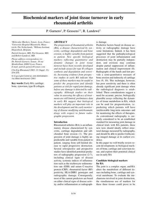 PDF Biochemical Markers Of Joint Tissue Turnover In Early Rheumatoid