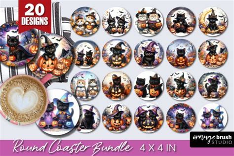 Halloween Black Cat Round Coaster Bundle Graphic By Orange Brush Studio