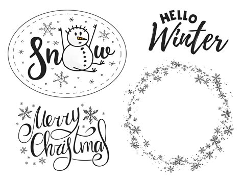 A sitting snowman catches falling snowflakes. Handwritten lettering ...