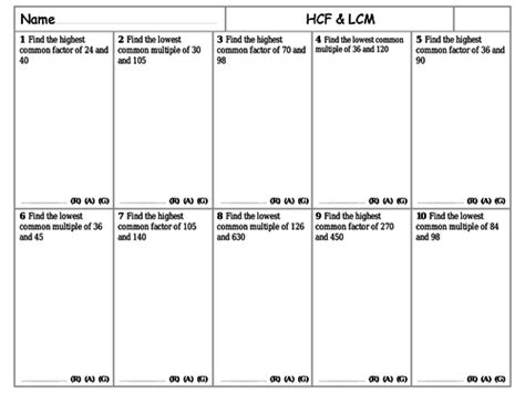 Rag Sheets Hcf And Lcm Teaching Resources