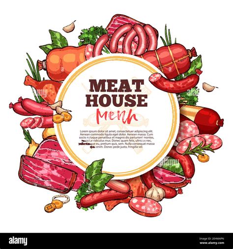 Meat House Sketch Menu Premium Farm Products Vector Meat And Sausages