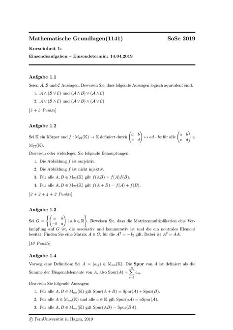 Kurseinheit 1 Einsendeaufgabe Mathematische Grundlagen 1141 SoSe