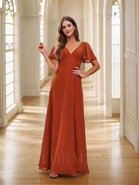 A Line Princess Chiffon Ruched V Neck Short Sleeves Floor Length