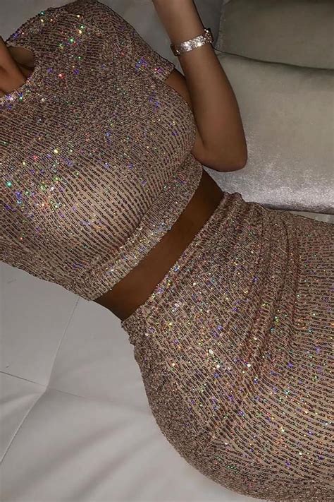 Born To Sparkle Sequin Skirt Set Rose Gold Looks Tumblr Feminino