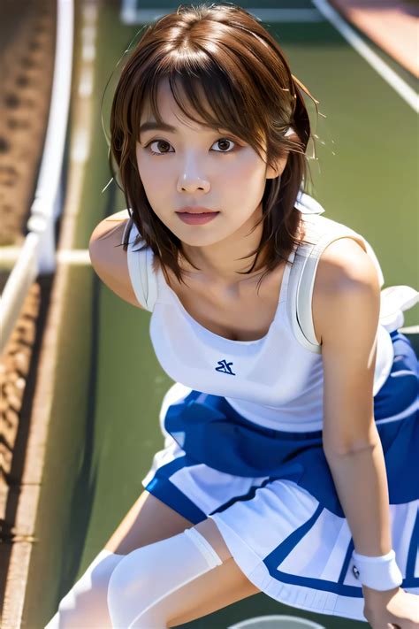 Arafed Asian Woman In A Tennis Uniform Crouching On A Tennis Court