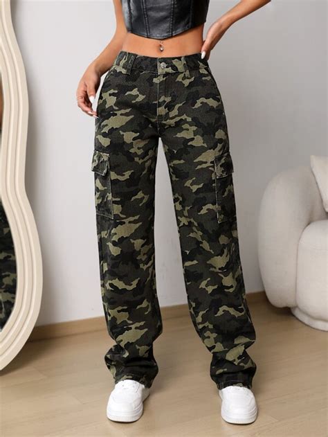 Jeans Cargo Con Estampado De Camuflaje Con Bolsillo Con Solapa Moda