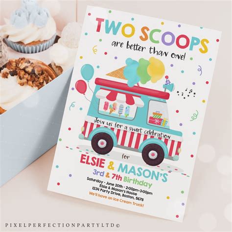 Editable Ice Cream Truck Twin Birthday Invitation Twin Ice Etsy