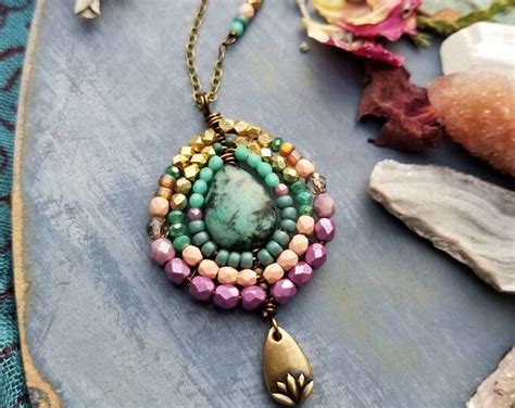 Turquoise Nadya Pendant Necklace Lotus Flower Purple Peach Teal