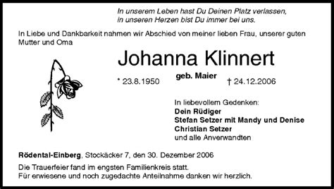 Johanna Klinnert Traueranzeige Trauer Infranken De