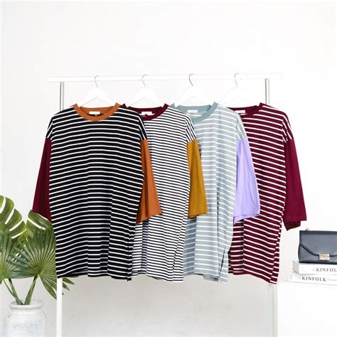 Jual Kaos Oversize Wanita Stripe Kaos Salur Oversize Tshirt