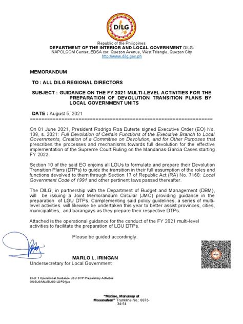 08 05 2021 Memo Lgu Dtp Roll Out Operational Guidance Pdf Government Policy