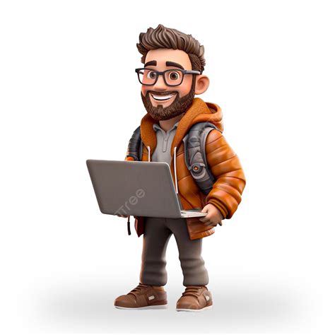 3d Character Illustration Man Holding A Laptop And Smiling Character