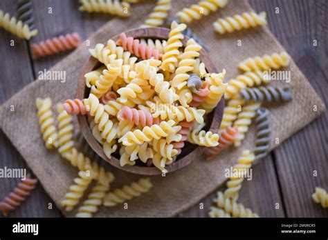 Pasta Raw Macaroni On Wooden Bowl Background Close Up Raw Macaroni