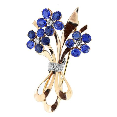 Vintage Rose Gold Sapphire And Diamond Floral Brooch For Sale At 1stdibs