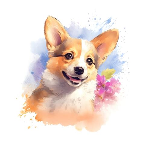 Premium Photo Happy Corgi Dogs Surrounded By Flowers Watercolor Art