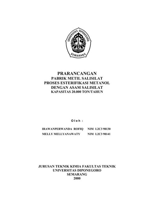 Prarancangan Pabrik Metil Salisilat Proses Esterifikasi Metanol Dengan