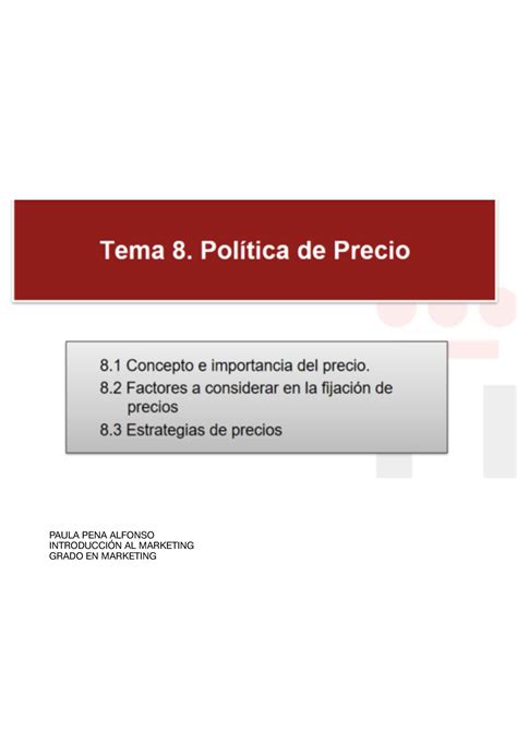 Tema 8 Política De Precios En El ámbito Del Marketing Paula Pena