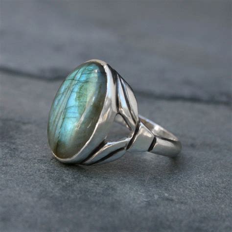 Labradorite Deco Ring Sterling Silver Ring Large Stone Cabochon