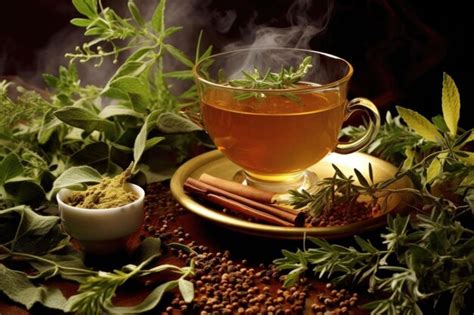 Premium AI Image Steaming Cup Of Tea Surrounded By Fresh Tea Leaves