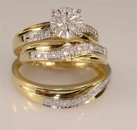 His Her Men Womans Diamond Wedding Ring Bands Trio Bridal Set 10k Yellow  Wedding Rings Sets