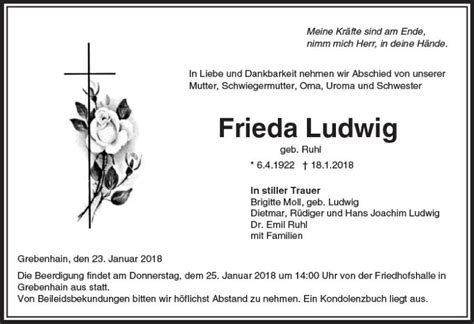 Traueranzeigen Von Frieda Ludwig Vrm Trauer De