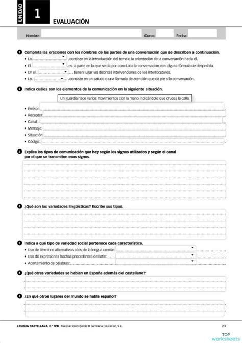 Evaluación Unidad 1 Lengua Ficha Interactiva Topworksheets