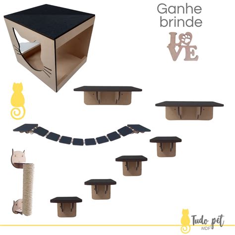 Kit Playground Para Gato P S Prateleira Ponte Degraus Arranhador E