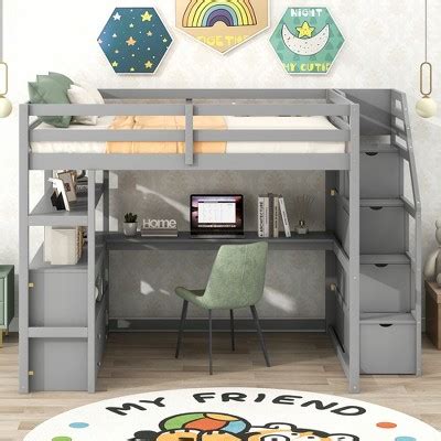 Full Size Loft Bed With Desk Shelves Two Built In Drawers And Stairs