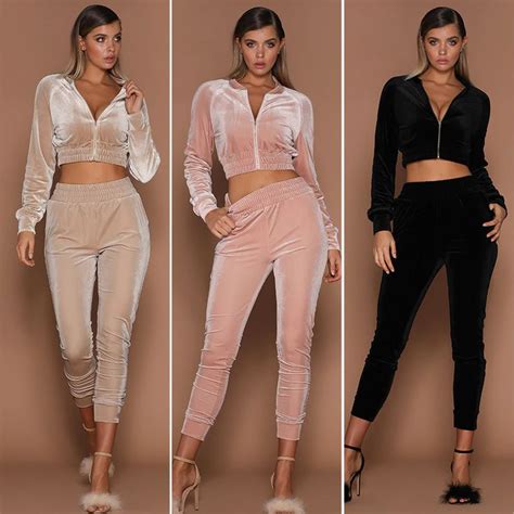 Velvet Two Piece Set Tracksuit For Women Elegant Slim Top And Pants Set 2020 Women Tracksuit