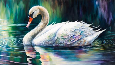 Watercolour Colourful Painting Of White Swan On Lake Undulation