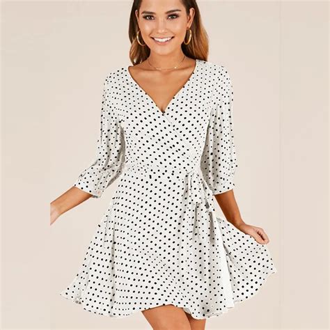 Summer V Neck Wrap Women Sexy Polka Dot Prints Dress Bow Tie A