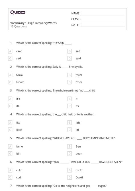 50 High Frequency Words Worksheets On Quizizz Free And Printable