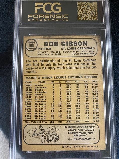 1968 TOPPS Bob Gibson St LOUIS CARDINALS GRADED FCG 2 5 GOOD CARD