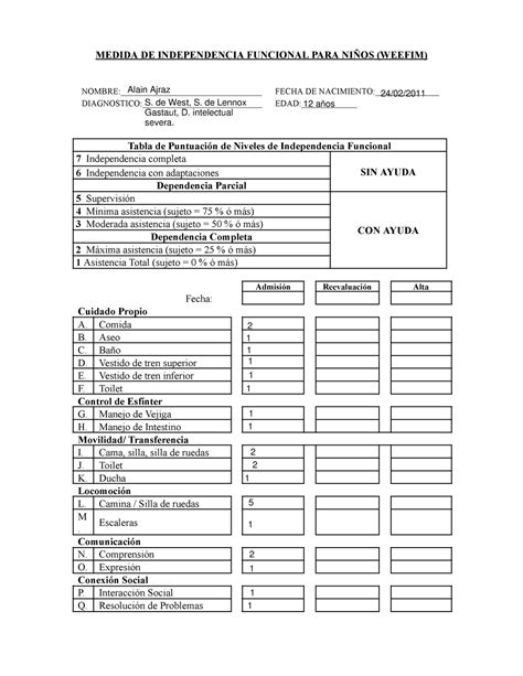 Weefim Medida De Independencia Funcional Para Ninos Alain MEDIDA DE