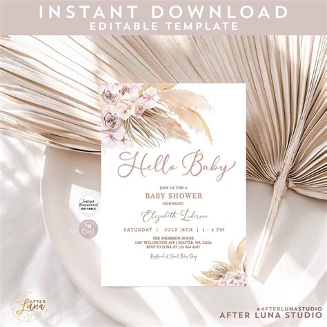 Boho Baby Shower Invitation Editable Pampas Grass Baby Shower