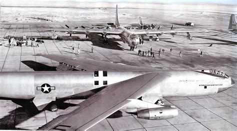 An XB-52 bomber prototype at Carswell AFB, 1955. A B-36 of the 7th Bomb ...