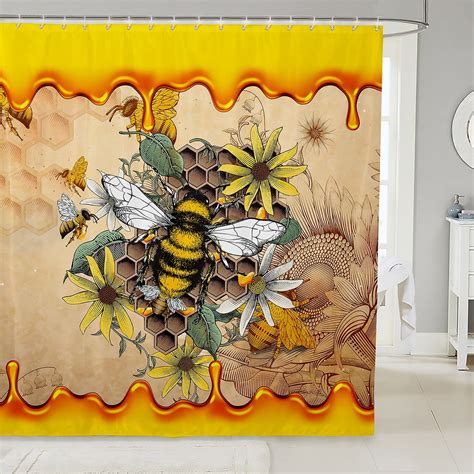 Retro Vintage Bath Curtain Wild Honey Bee Shower Curtain Chic Yellow