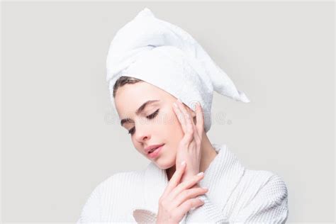 Beautiful Sensual Woman Apply Skincare Cream On Face Happy Young Woman Wrap Towel On Head Put