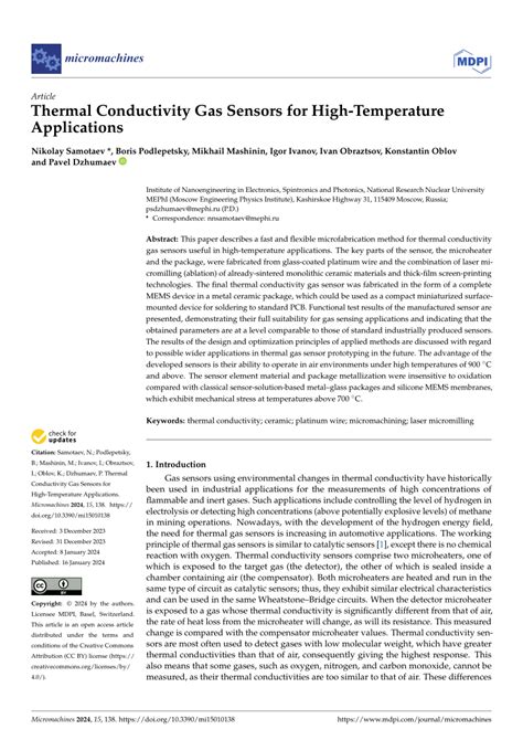 Pdf Thermal Conductivity Gas Sensors For High Temperature Applications