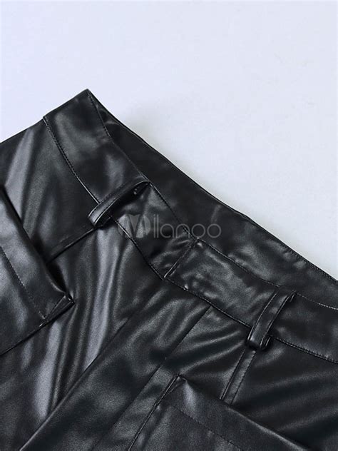 Women Black Pu Leather Pants Waist Casual Wide Chaparajos Trousers