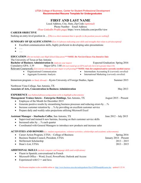 Sample Resume Utsa College Of Business Undergraduate  File