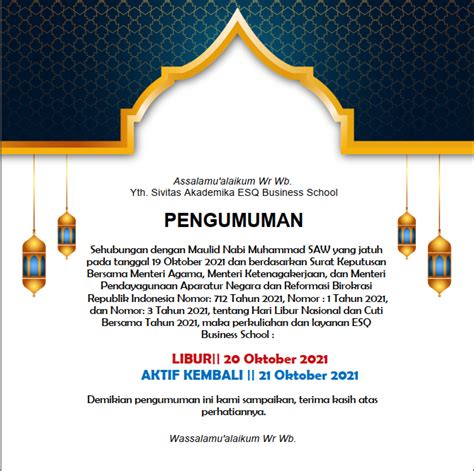 Lms Ebs Pengumuman Libur Maulid Nabi Muhammad Saw Rabu Oktober