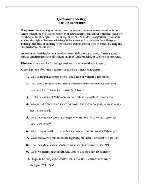 Questioning Strategy For Les Miserables Worksheet For 11th 12th Grade Lesson Planet