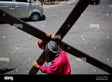 Penitent Carrying His Cross Flagellants Parade Holy Week Good Friday Philippines Traditional