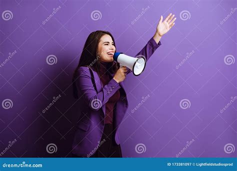 Excited Young Woman Talking In Megaphone Stock Image Image Of Elegant