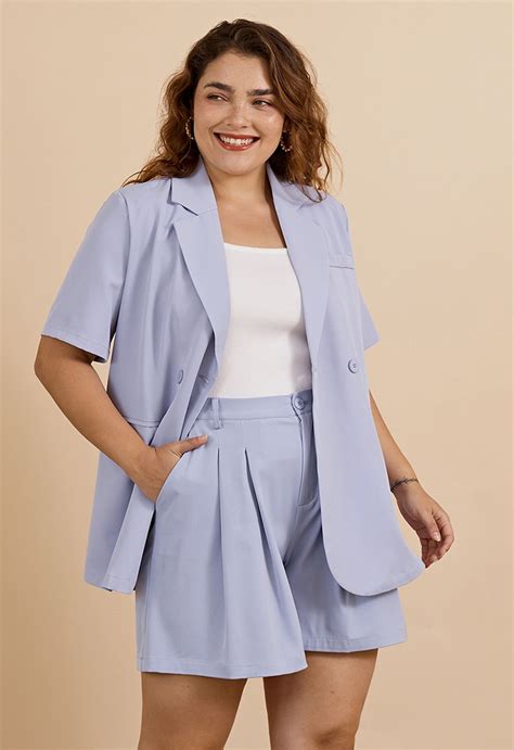 Classic Notch Lapel Short Sleeve Blazer In Blue Retro Indie And