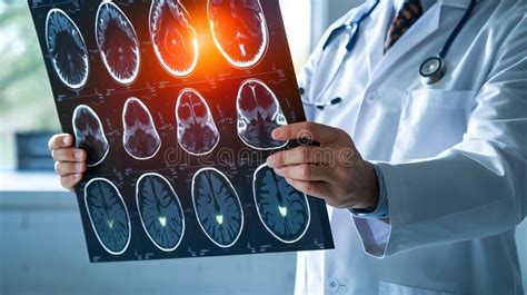 Doctor Examines Mri Scans Displaying Identified Brain Areas For Medical